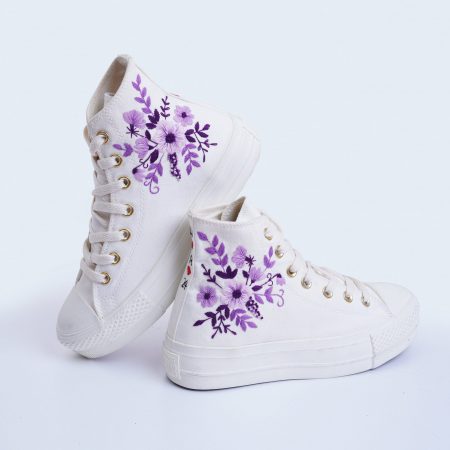 Custom Wedding Converse Platform – Purple Floral Embroidered Bridal & Bridesmaid Shoes