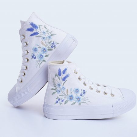 Custom Wedding Platform Sneakers – White Flower Embroidered Bride & Bridesmaid Shoes