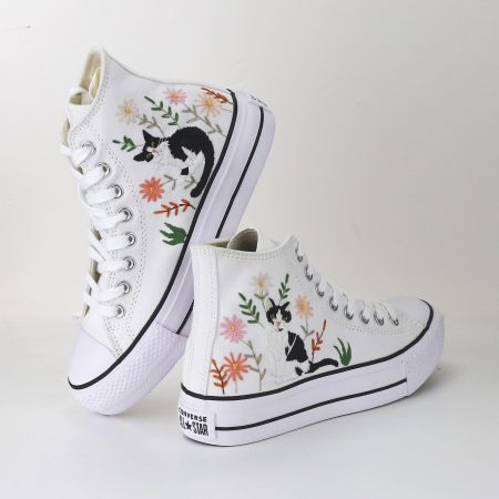 Custom Cat Embroidered Converse Platform – Heart & Cat Sneakers, Unique Gift for Her