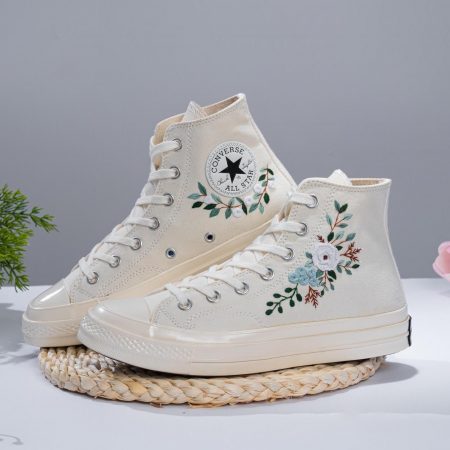 Custom Fall Wedding Flower Embroidered Converse – White Bouquet Boho Bride Shoes