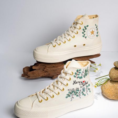 Unique Custom Name Wedding Sneakers – Bridal Flower Embroidered Reception Shoes