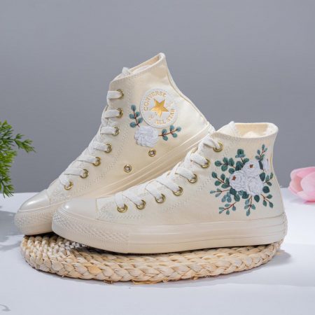 White Wedding Bouquet Embroidered Converse – Custom Boho Bridal Sneakers